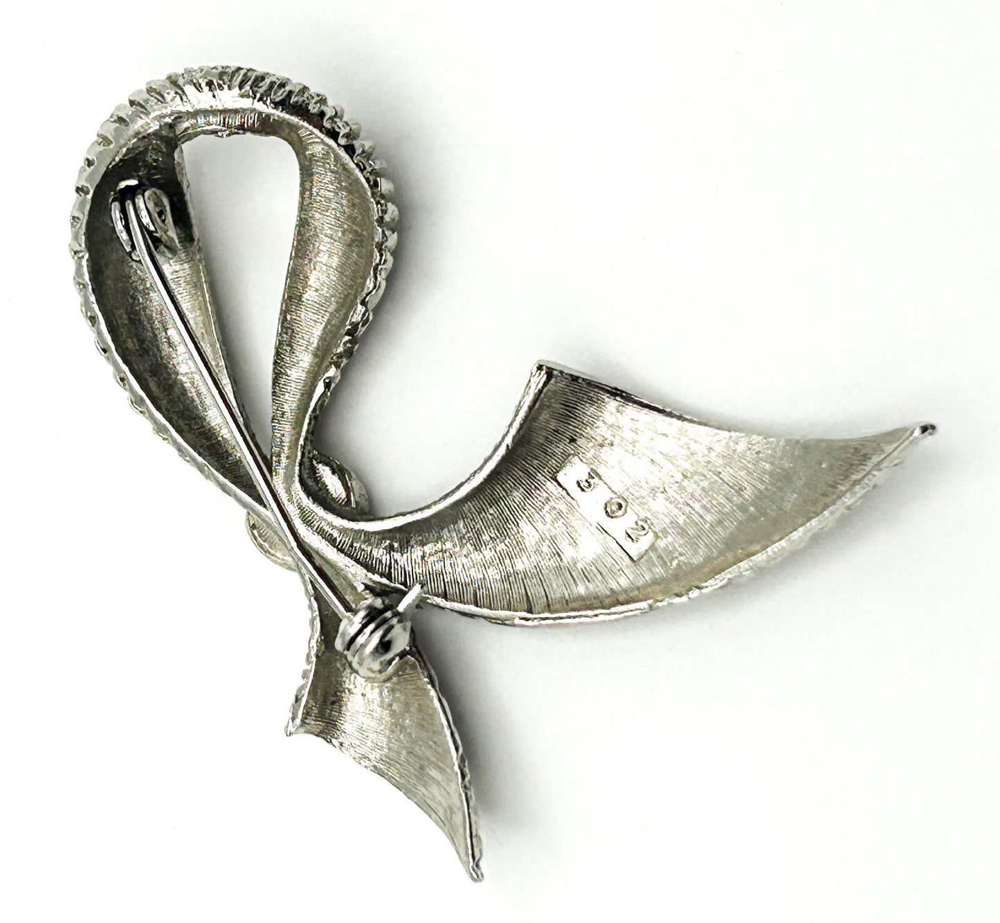 Vintage Silver Ribbon Bow Brooch Mid Century Modern Sweeping Textured Pin Retro