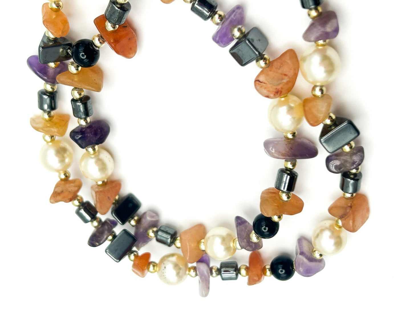 Gemstone Chip Necklace: Hematite, Amethyst, Carnelian & Faux Pearl