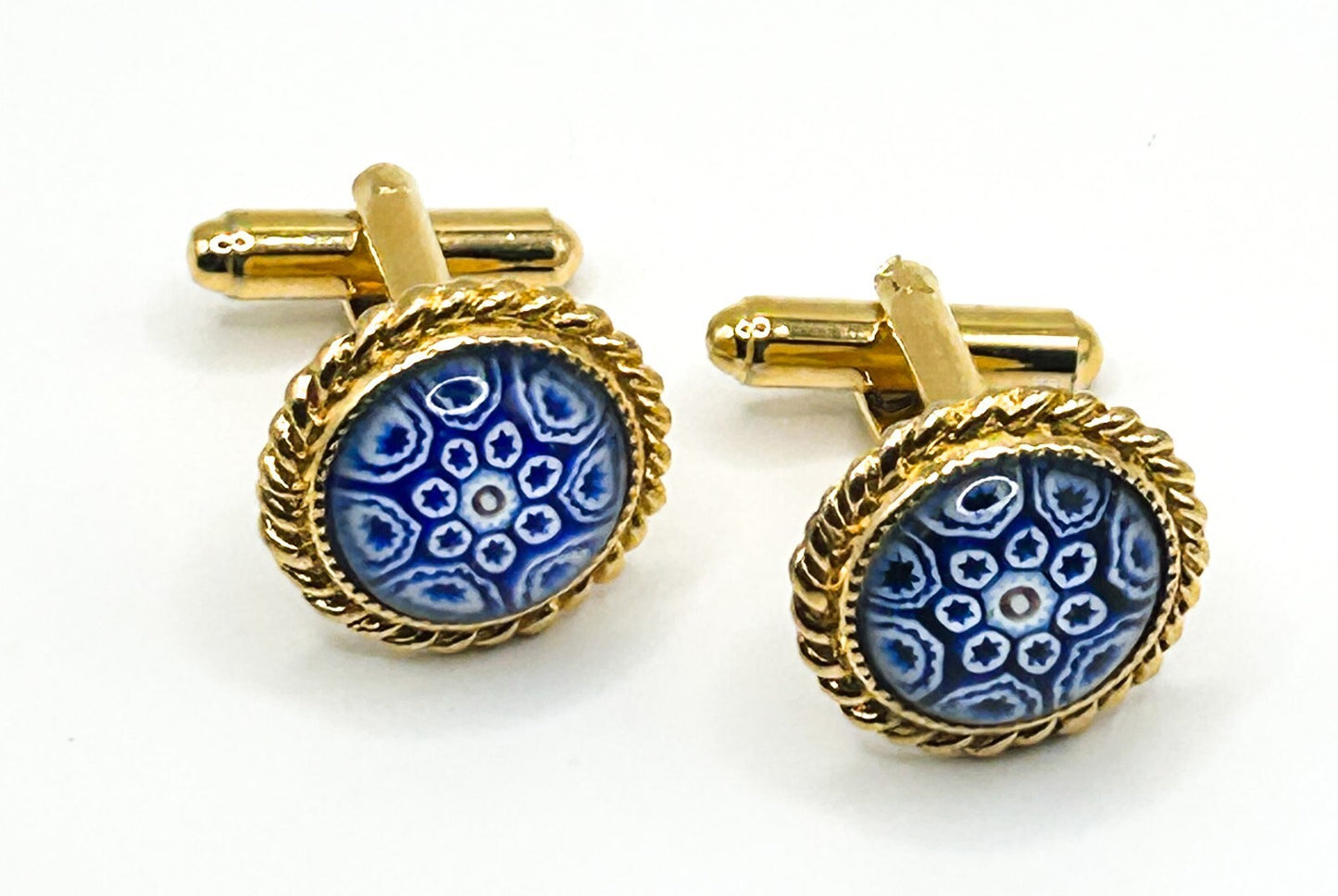 Murano Glass Cufflinks Vintage Blue White Millefiori Gold Tone Italian