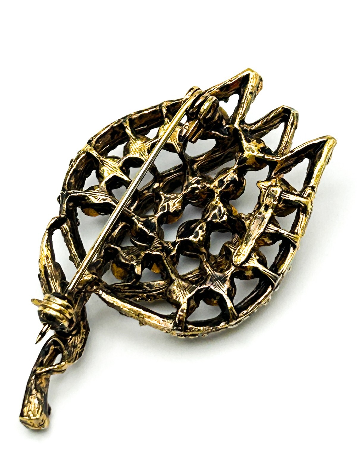 Gold Tone Openwork Tulip Brooch with Multicolour Rhinestones