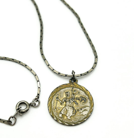 Vintage Saint Christopher Pendant Necklace on Silver Tone Chain