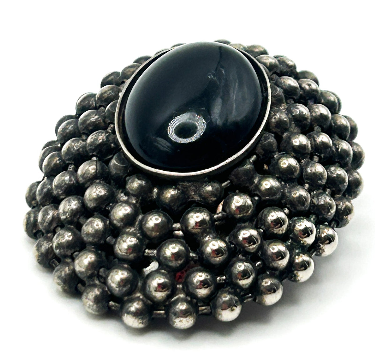 Vintage Black Cabochon Brooch Victorian Revival Style Silver Tone Domed Pin