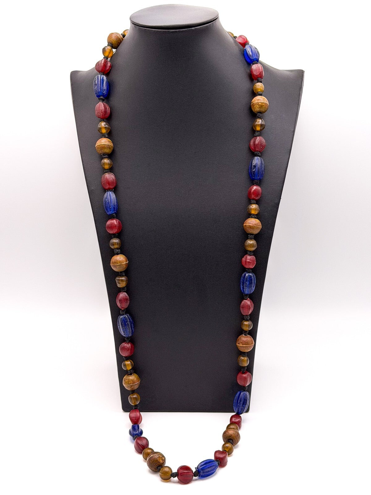 Vintage Blue, Red & Amber Frosted Glass African Trade Bead Necklace, Boho