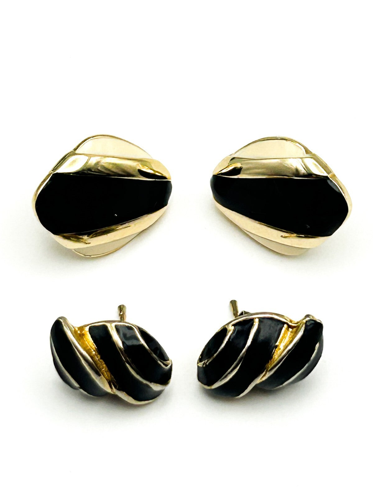 Vintage Black Enamel and Gold Tone Stud Earrings – Set of 2 Pairs