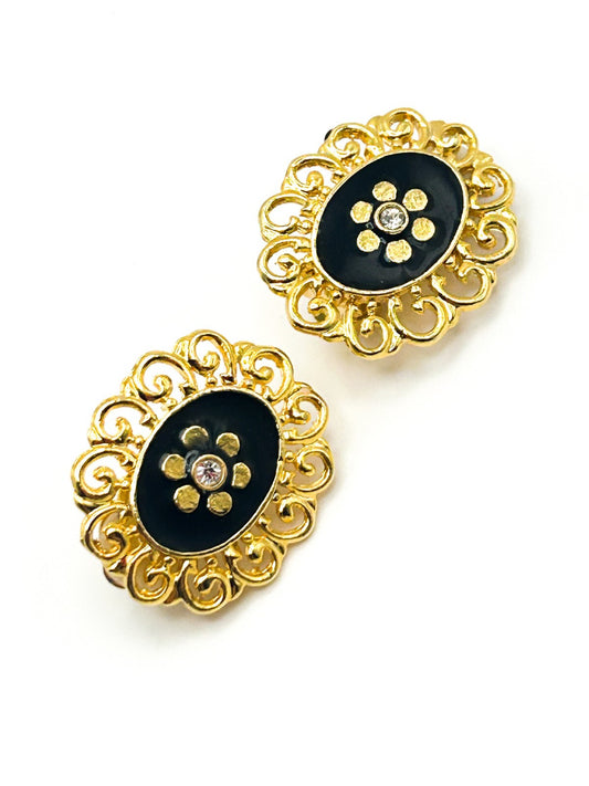 Vintage Gold Tone Black Enamel Flower Detail Clip-On Earrings