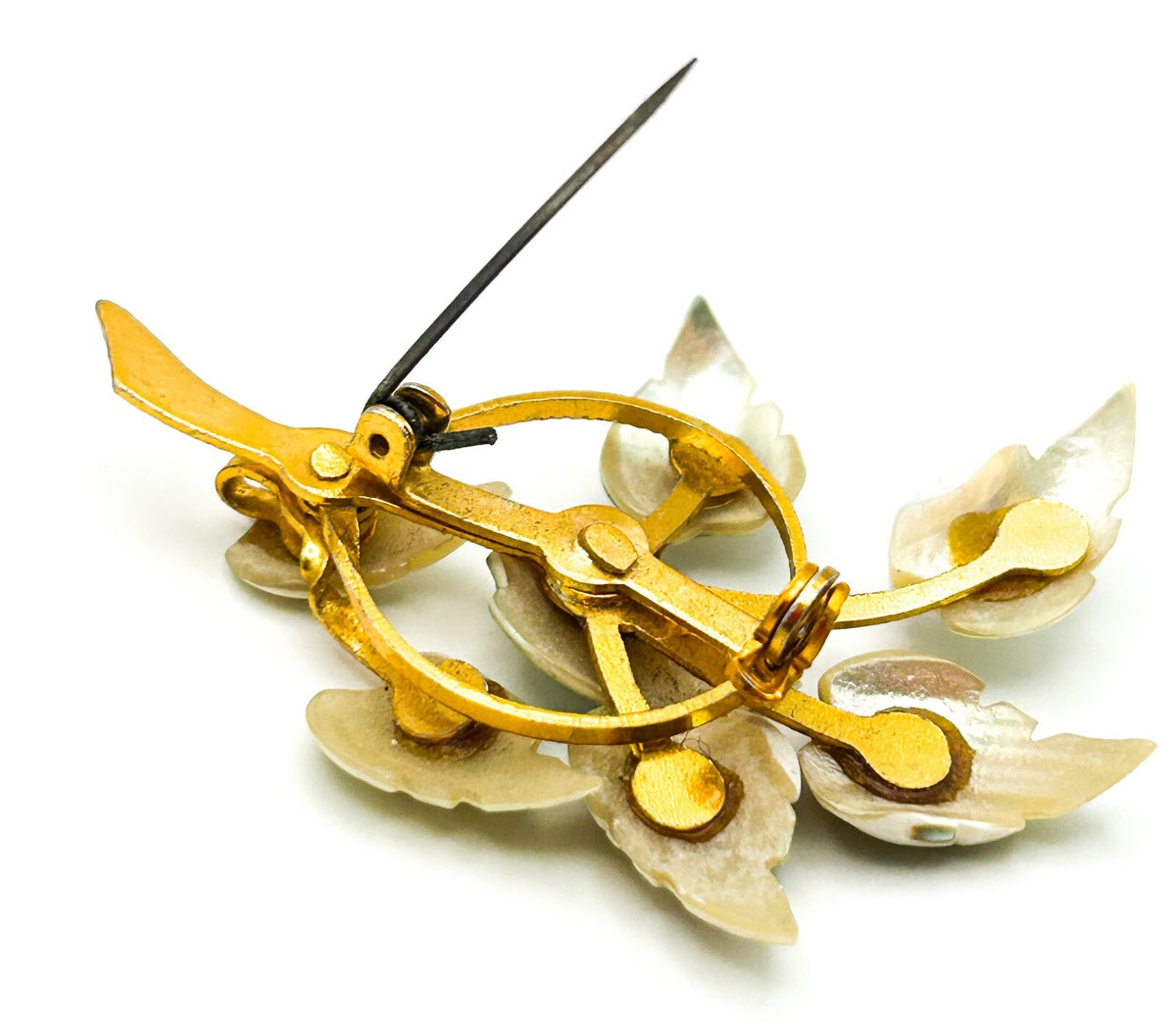 Vintage Shell Leaf Brooch Carved Green Gold Tone Floral Pin