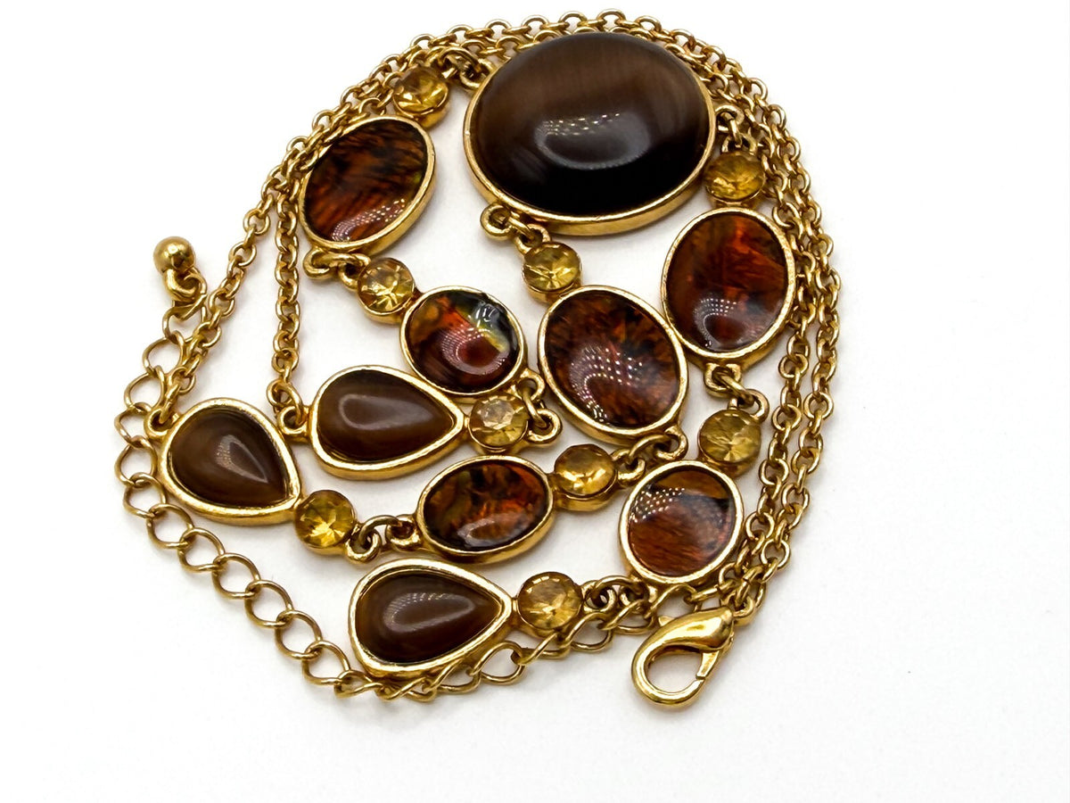 Gold Tone Y-Drop Necklace with Brown Cat’s Eye & Iridescent Orange Cabochons