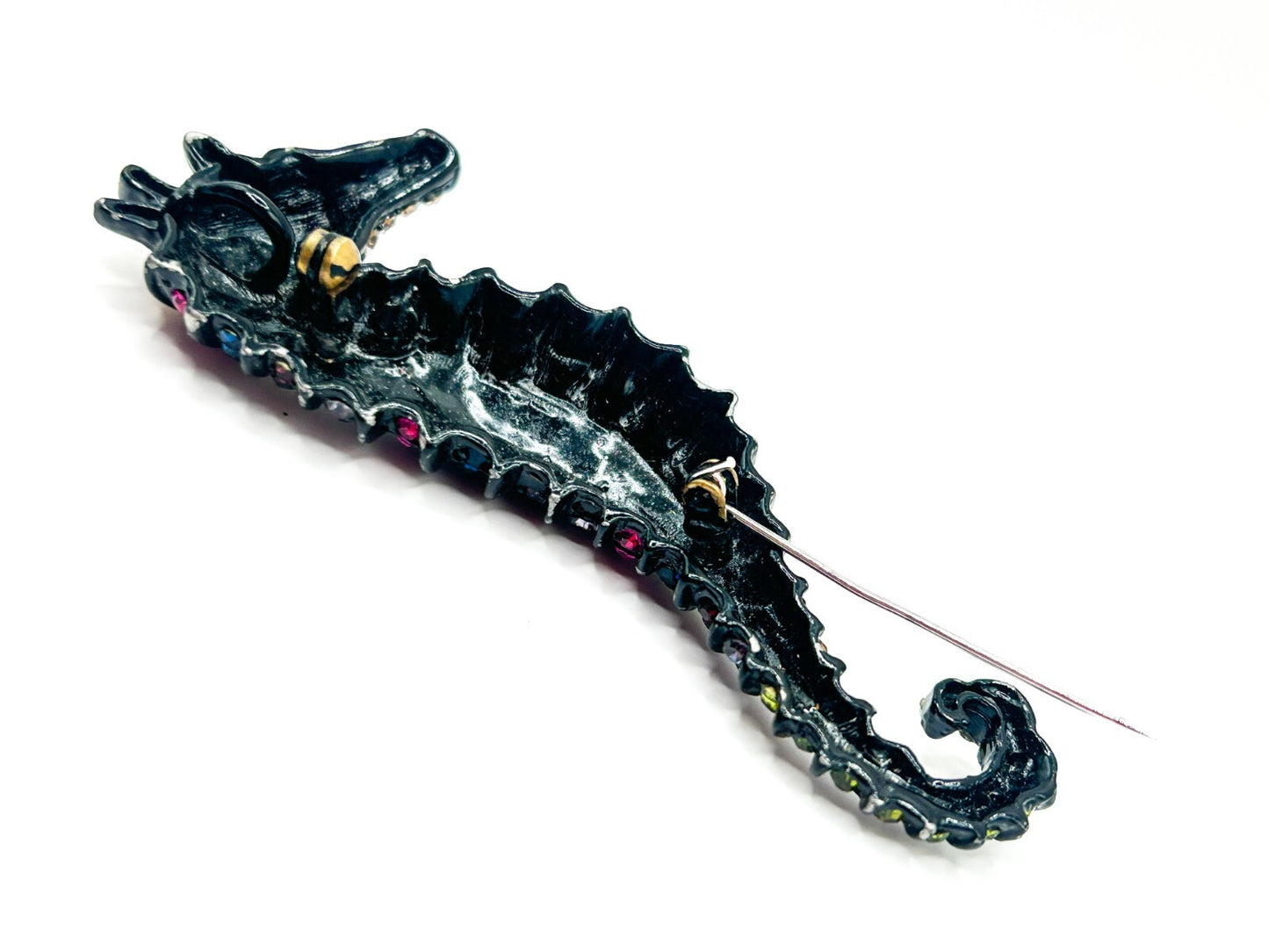 Large Rhinestone Seahorse Brooch Multicolour Figural Pendant 8.5 cm