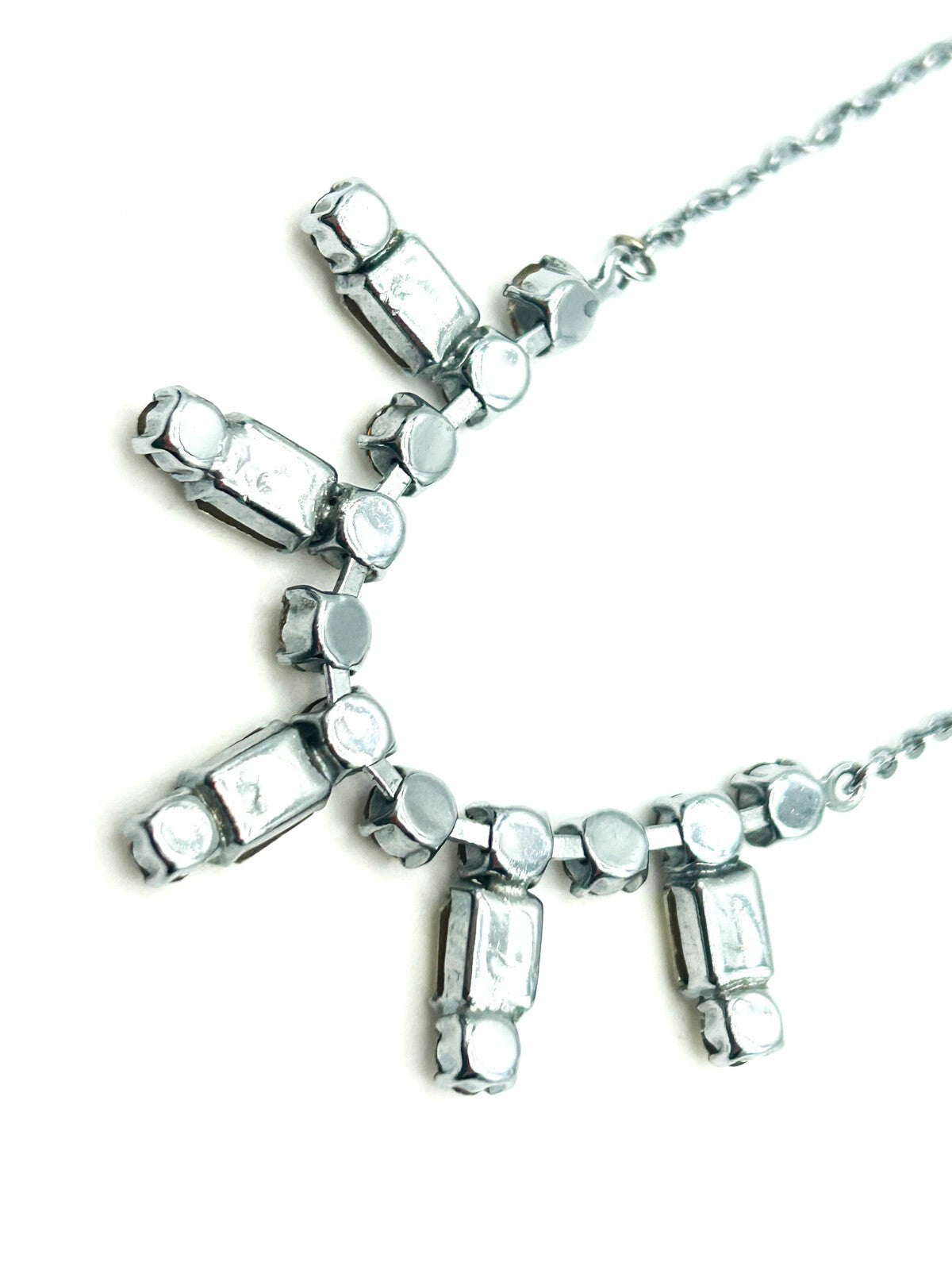 Vintage Silver Tone Rhinestone Drop Necklace with Articulated Glass Crystal