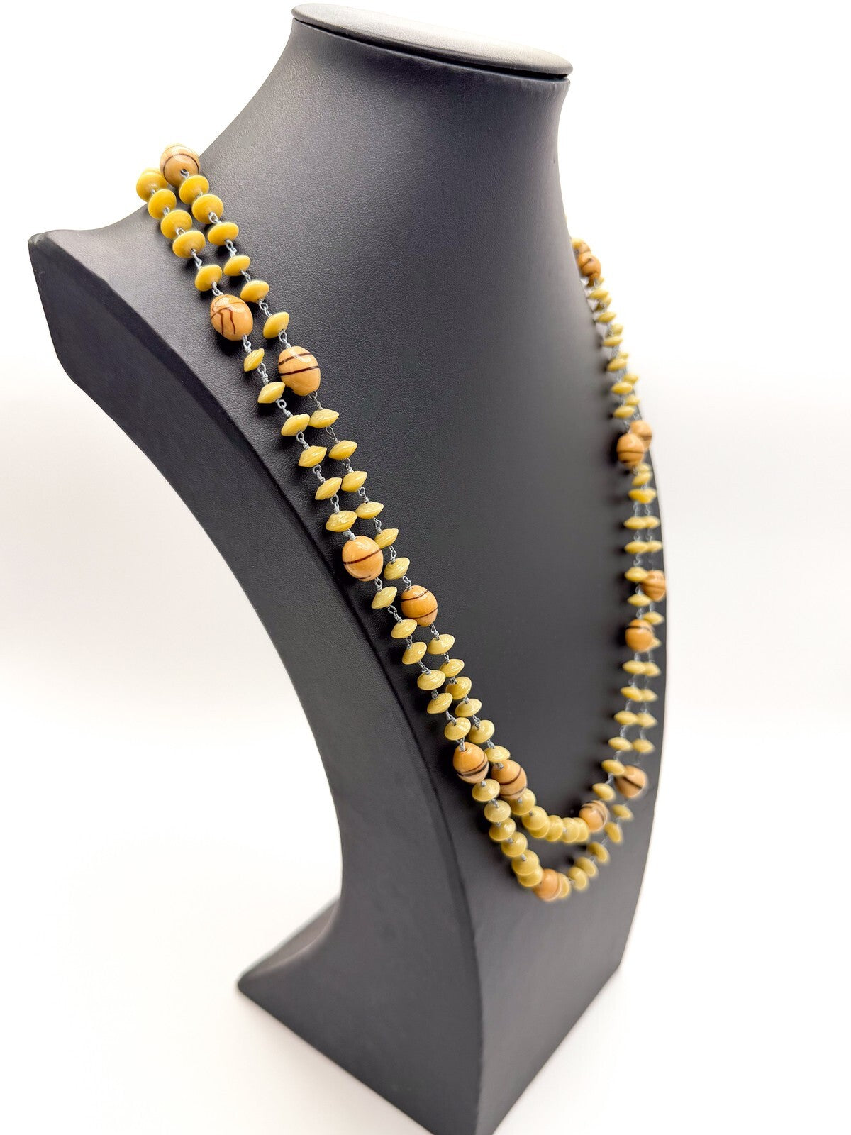 Vintage Venetian Style Glass Bead Necklace Mustard & Olive Disc  Barrel Detail