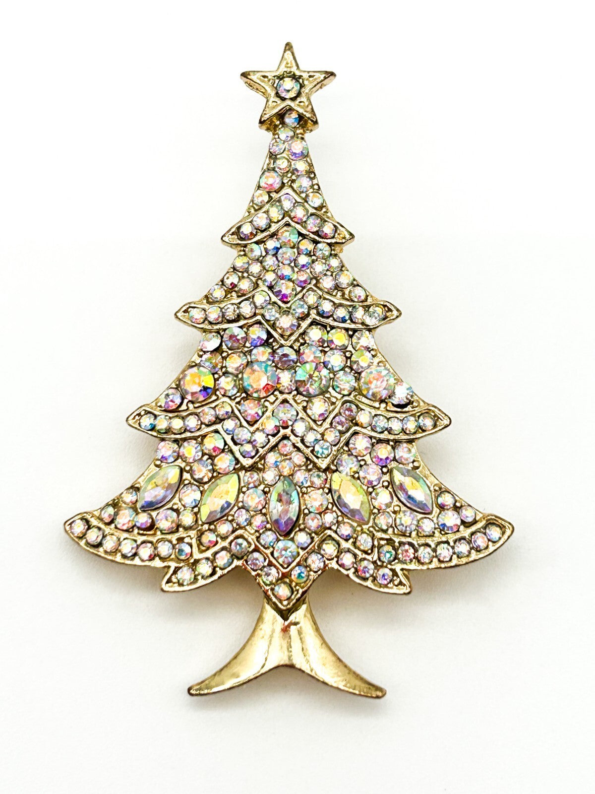 Aurora Borealis Rhinestone Christmas Tree Brooch Festive Sparkle Holiday Pin AB
