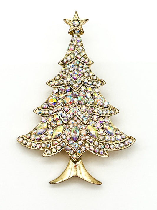 Aurora Borealis Rhinestone Christmas Tree Brooch Festive Sparkle Holiday Pin AB