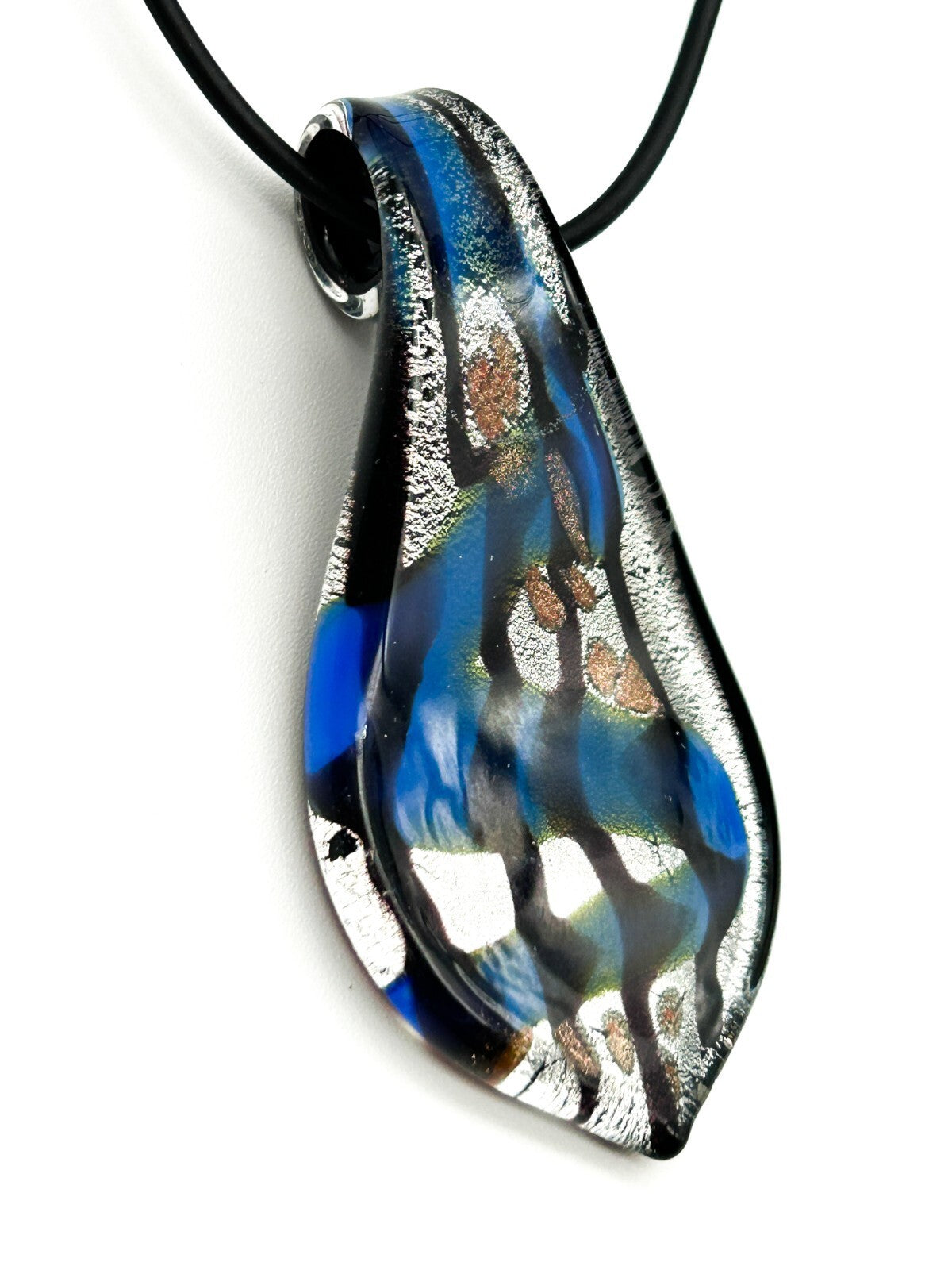 Murano Style Art Glass Pendant Necklace Blue, Silver & Black Abstract Design