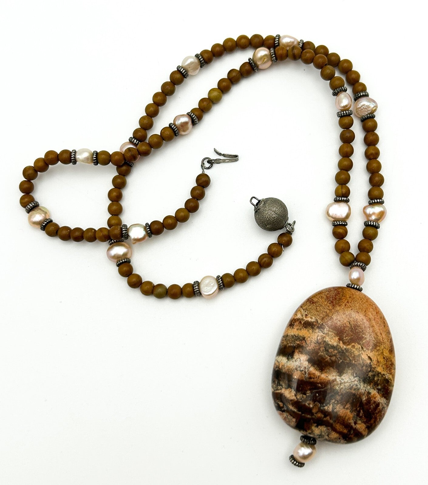 Jasper Pendant Necklace Natural Stone Brown Beaded Freshwater Pearl Earthy 19.5”