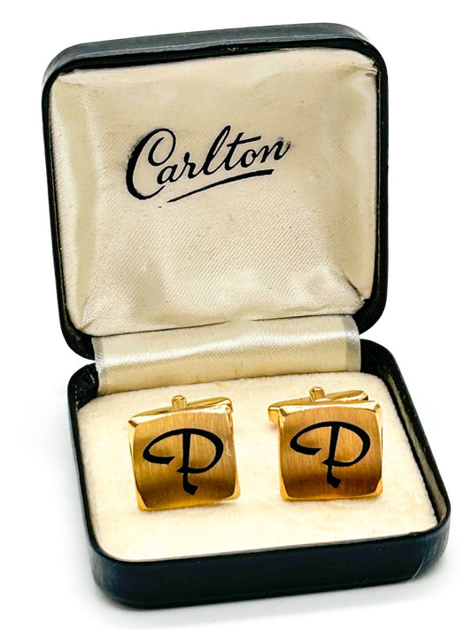 Vintage Carlton Gold Tone Initial P Cufflinks Boxed - Mens Formal Wear