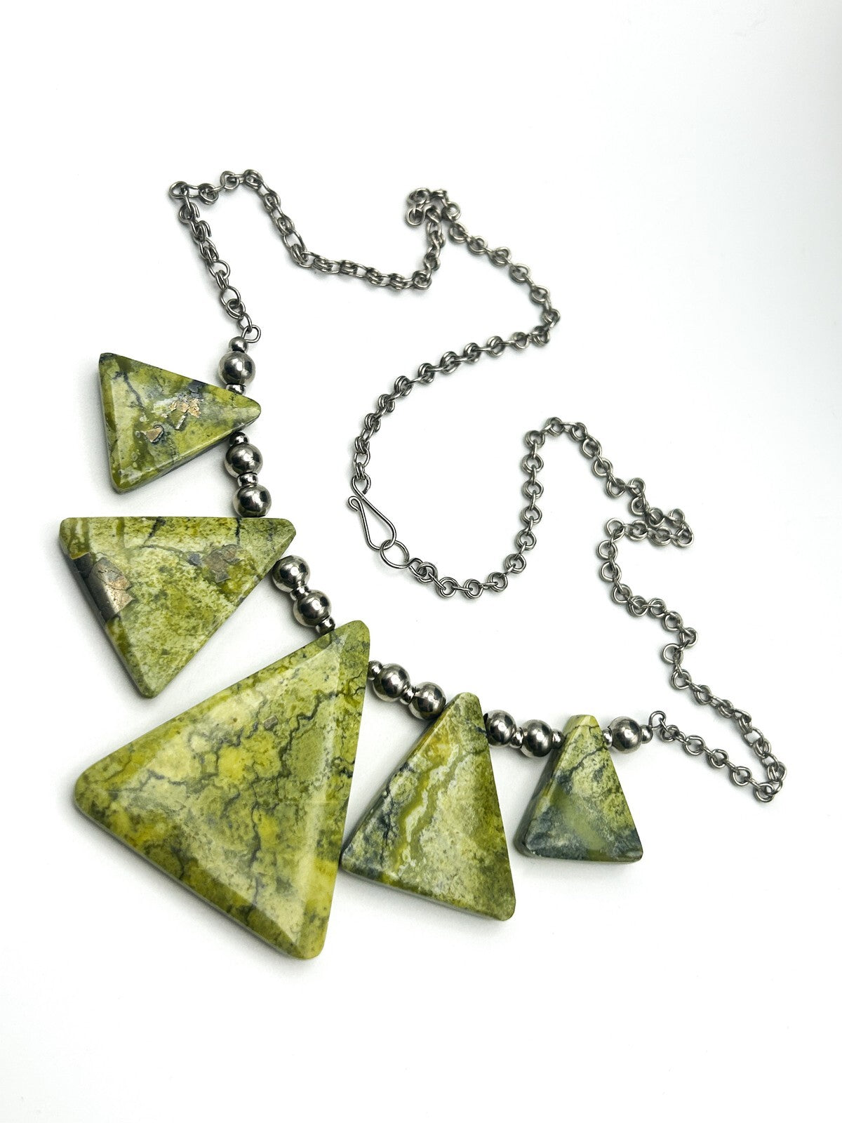 Serpentine Triangle Statement Necklace Lime Green Geometric Gemstone 19”