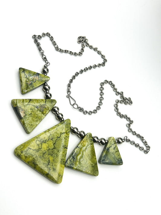 Serpentine Triangle Statement Necklace Lime Green Geometric Gemstone 19”