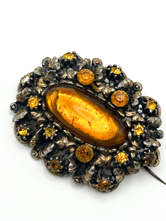 Vintage Amber Glass Oval Cabochon Brooch Rhinestone Ornate Gold Tone Openwork