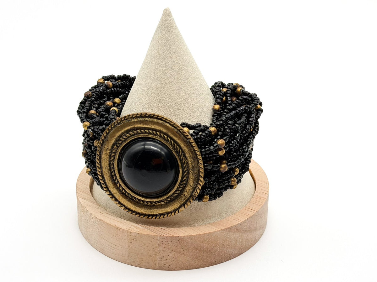Vintage Chunky Black Seed Bead Bracelet Gold Tone Cabochon Statement Wide Cuff