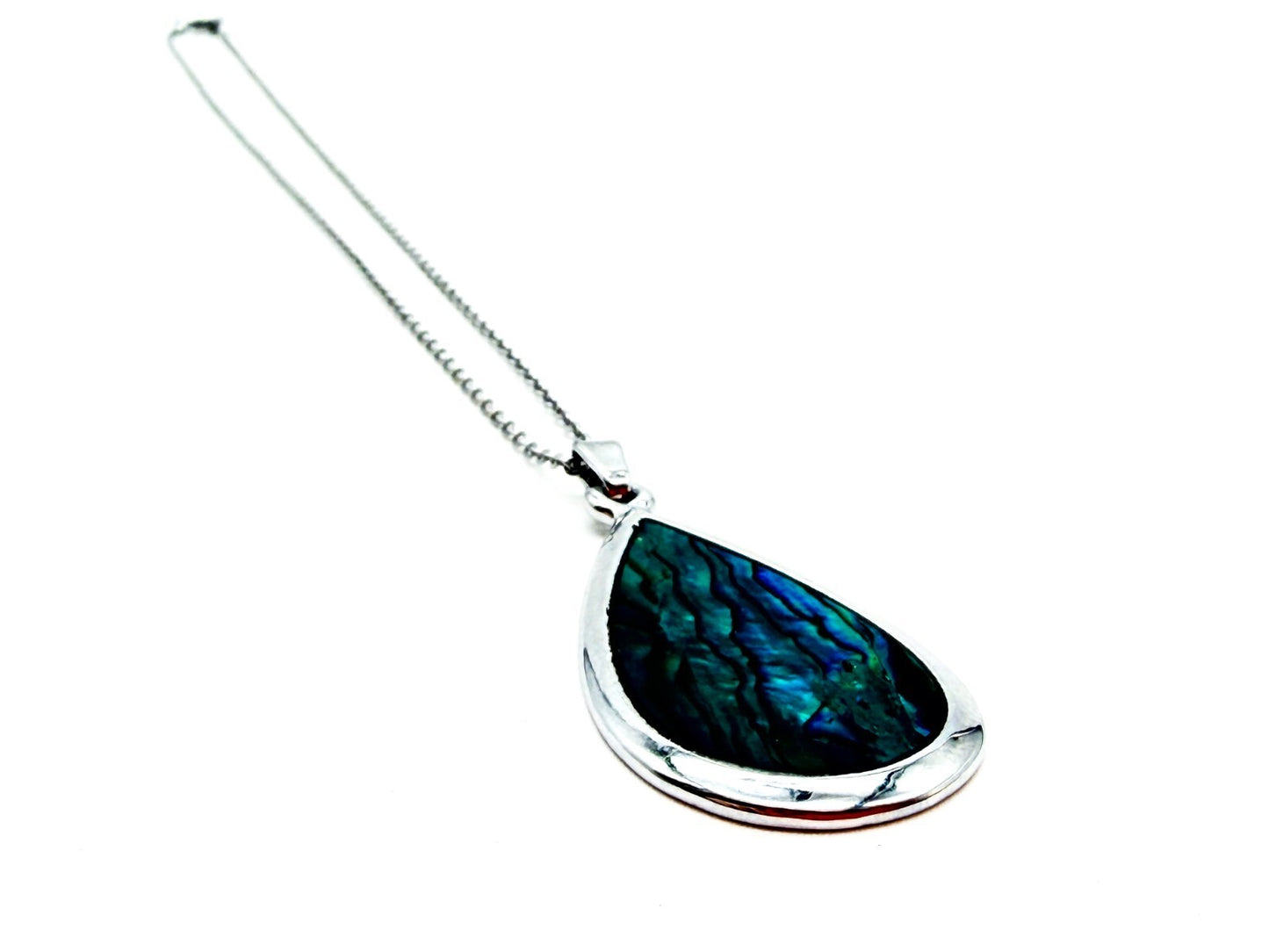 Abalone Shell Teardrop Pendant Necklace Silver Tone 18 Inch Dainty Blue Green