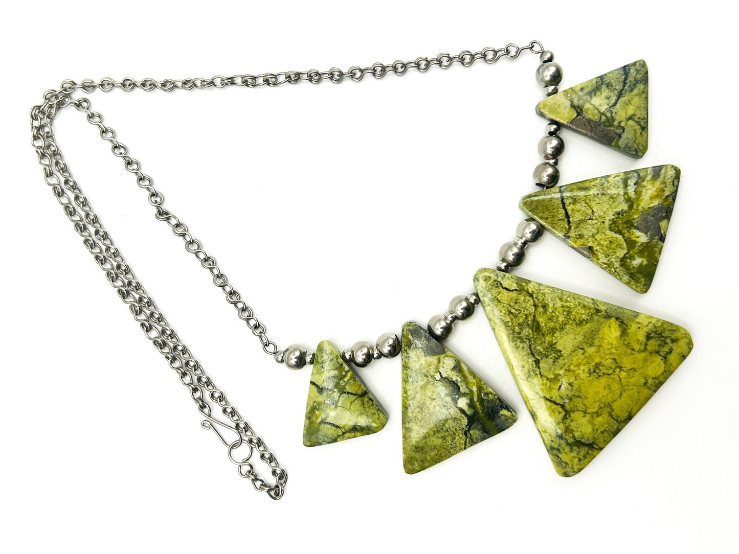 Serpentine Triangle Statement Necklace Lime Green Geometric Gemstone 19”