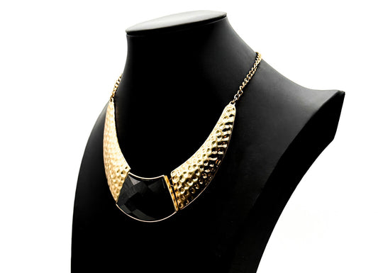 Gold Tone Hammered Collar Necklace with Black Faceted Acrylic Panel 13.5”