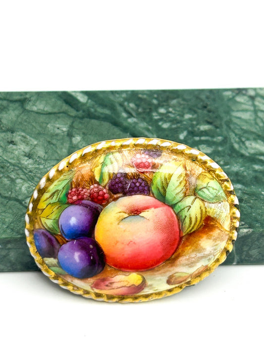 Aynsley Orchard Gold Brooch Bone China Fruit Hand Painted England