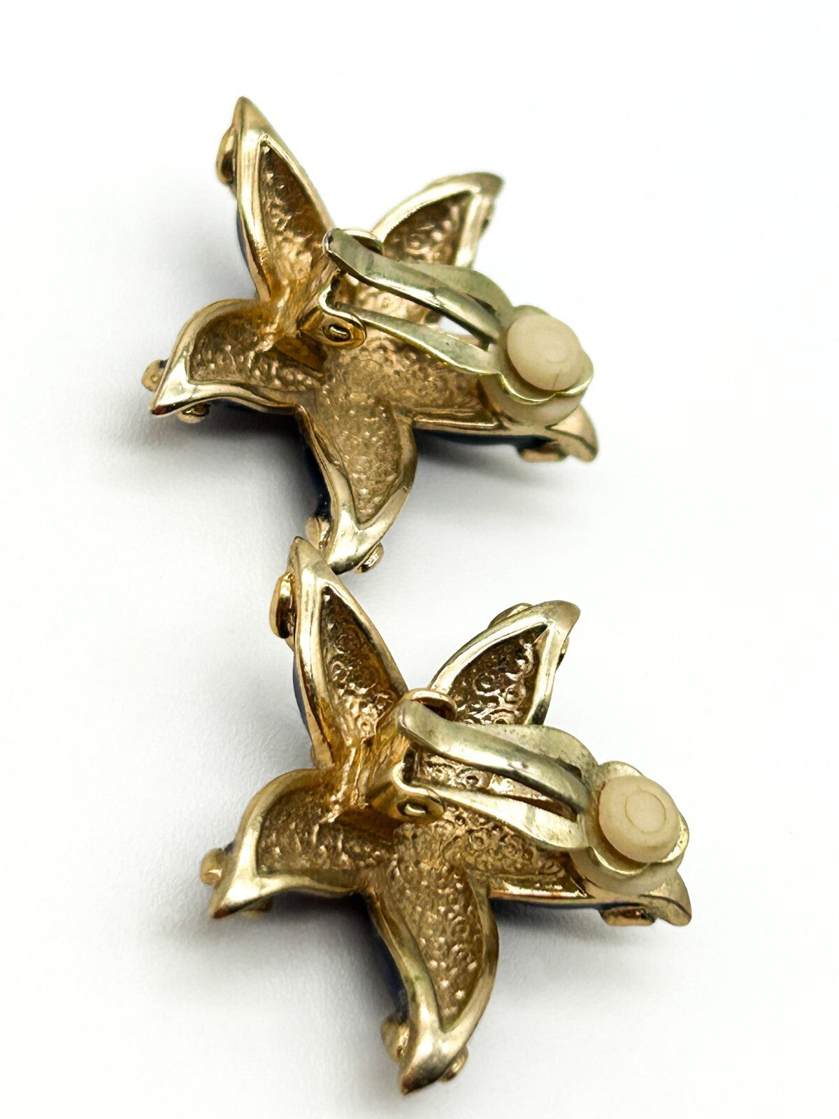 Vintage Gold Tone Cobalt Blue Enamel Starfish Earrings Clip On Retro Coastal