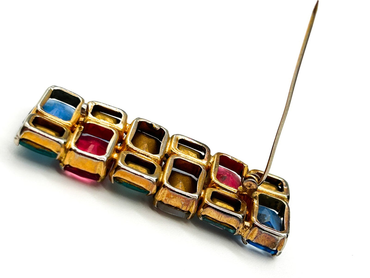 Antique Art Deco Czech Glass Rhinestone Bar Brooch Multicolour C Clasp 6cm