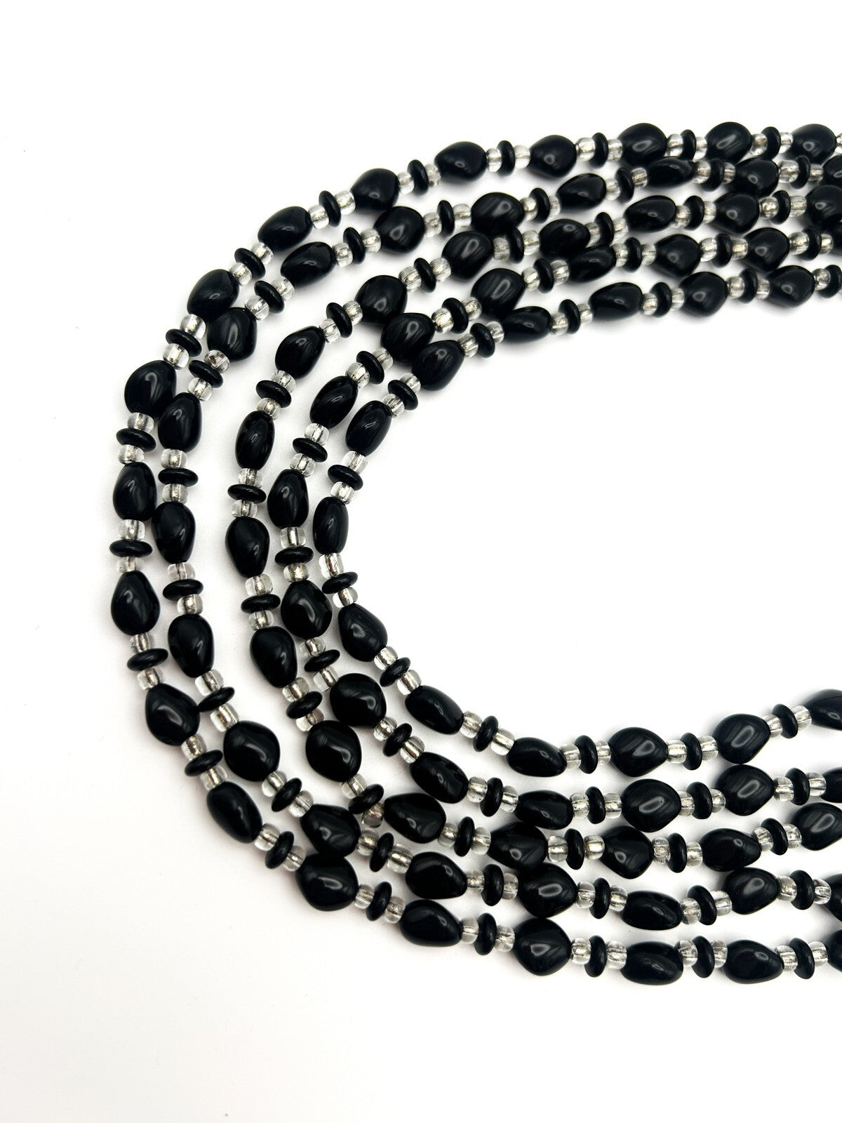 Vintage 5 Strand Black & Clear Glass Beaded Statement Necklace Heavy Layered
