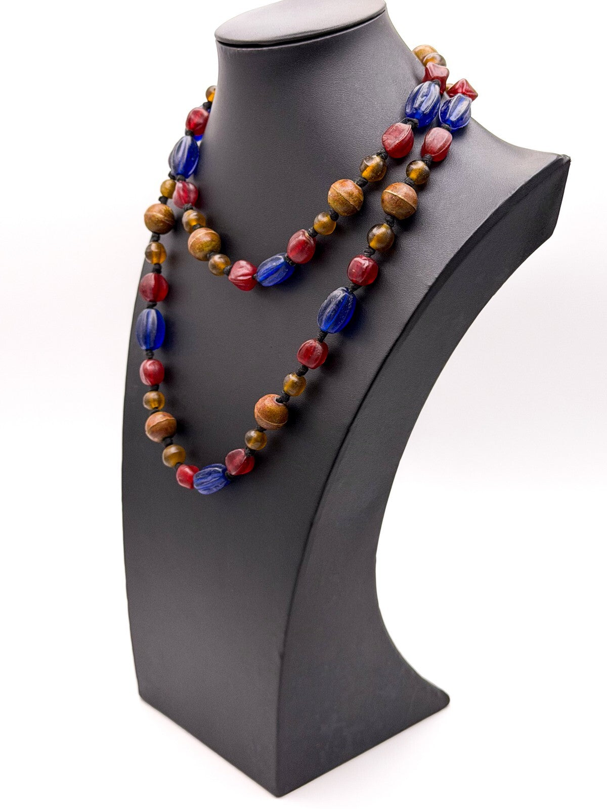 Vintage Blue, Red & Amber Frosted Glass African Trade Bead Necklace, Boho