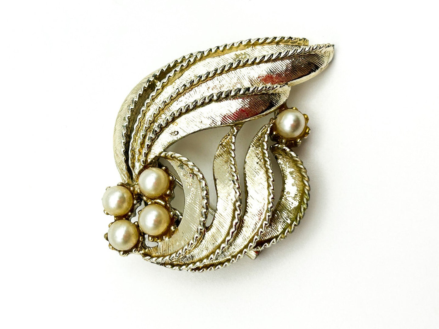 Vintage Gold Tone Faux Pearl Textured Art Nouveau Style Abstract Brooch
