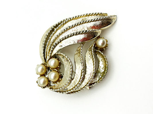 Vintage Gold Tone Faux Pearl Textured Art Nouveau Style Abstract Brooch
