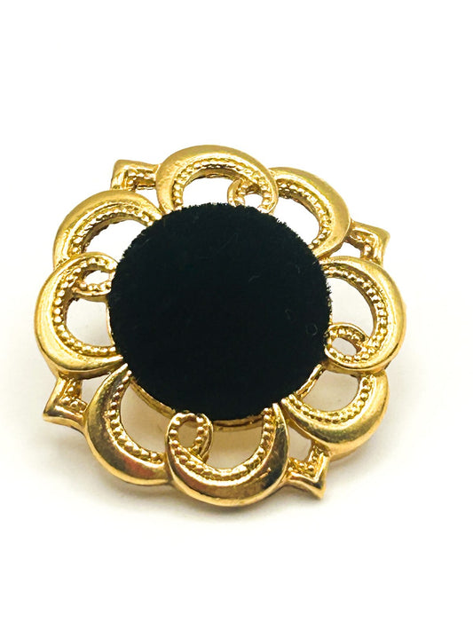 Black Velvet & Gold Tone Floral Stud Earrings – 3cm