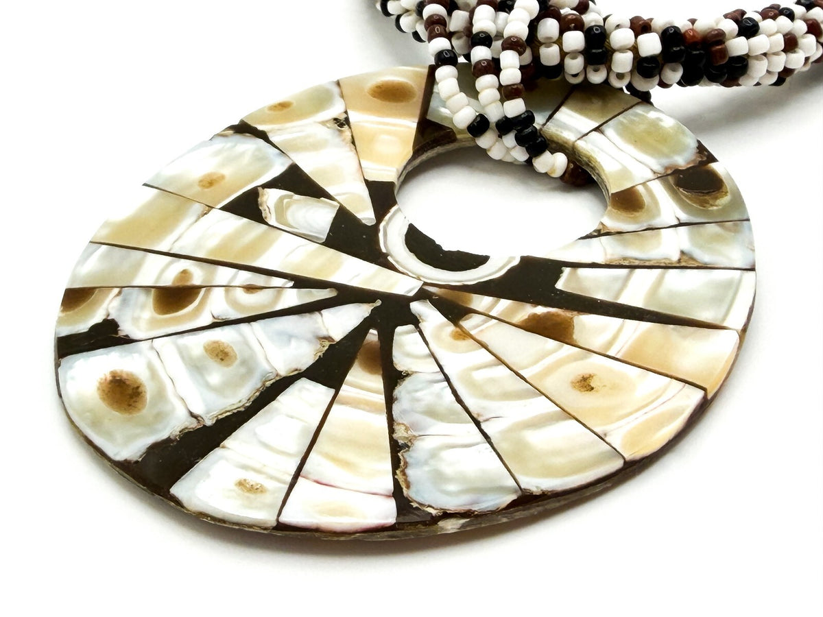 Five Strand Brown, White & Black Seed Bead Necklace with Shell Inlay Donut Penda