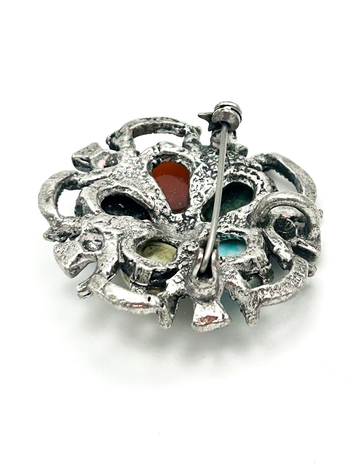 Signed MIRACLE Pewter Celtic Scottish Thistle Brooch Glass Cabouchon