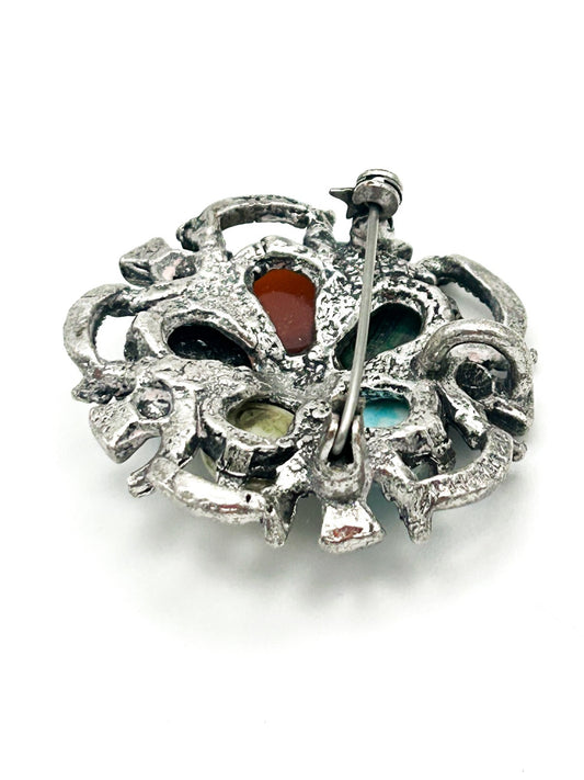 Signed MIRACLE Pewter Celtic Scottish Thistle Brooch Glass Cabouchon