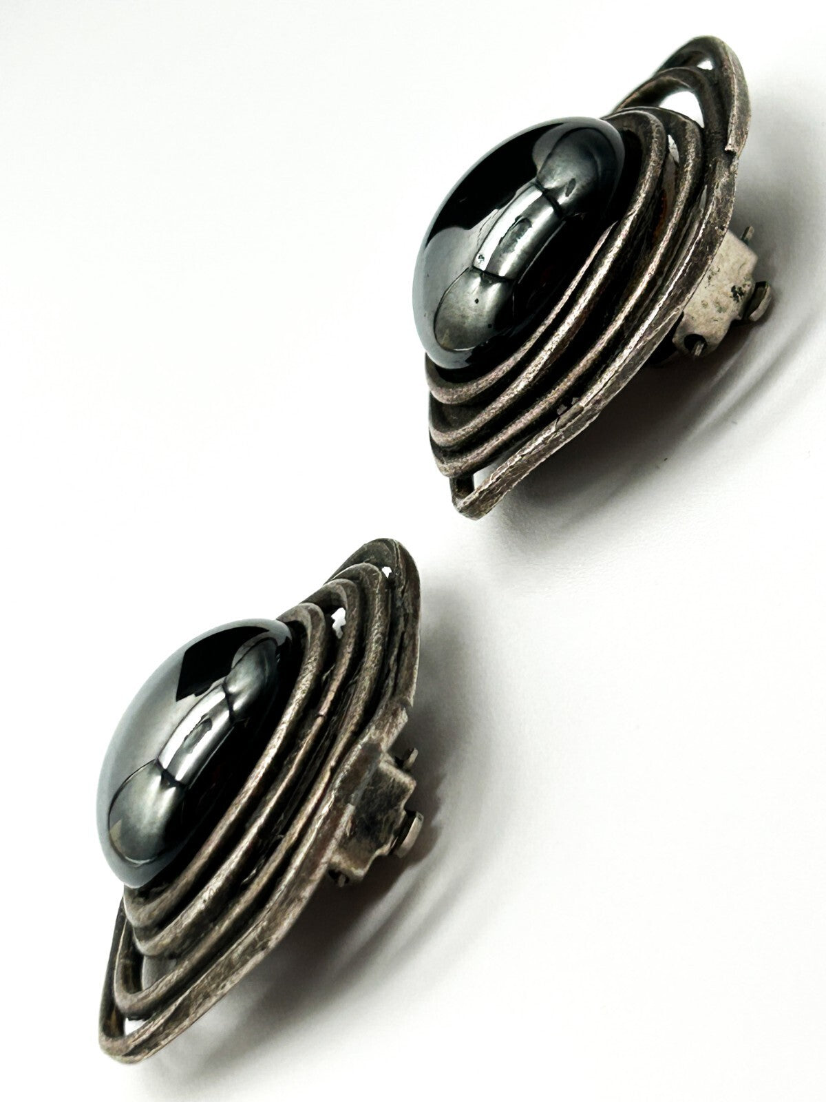 Vintage Statement Earrings Hematite Effect Domed Clip Ons 80s 90s Retro