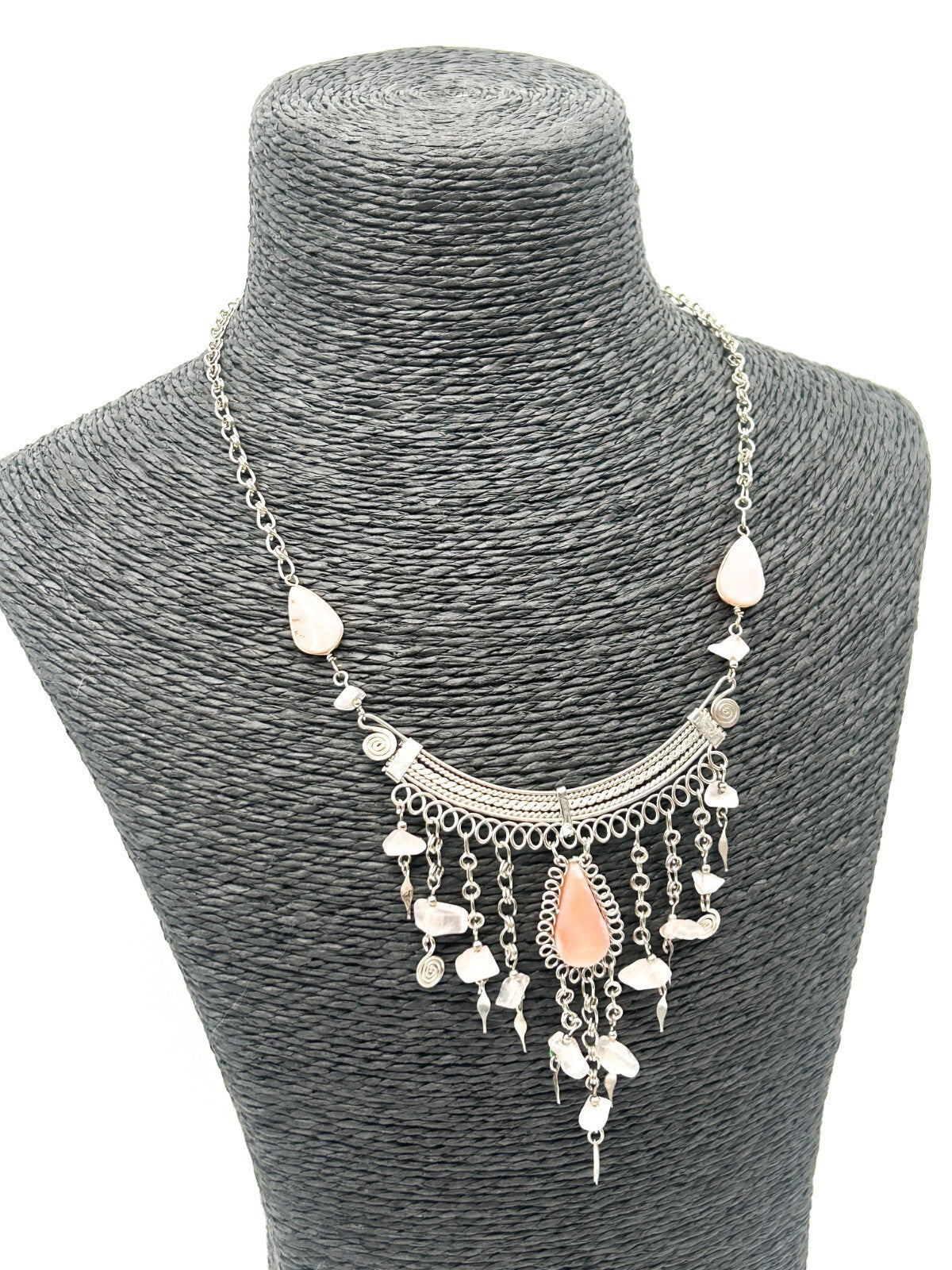 Peruvian Alpaca Pale Pink Rhodonite Rose Quartz Necklace & Earring Set Boho
