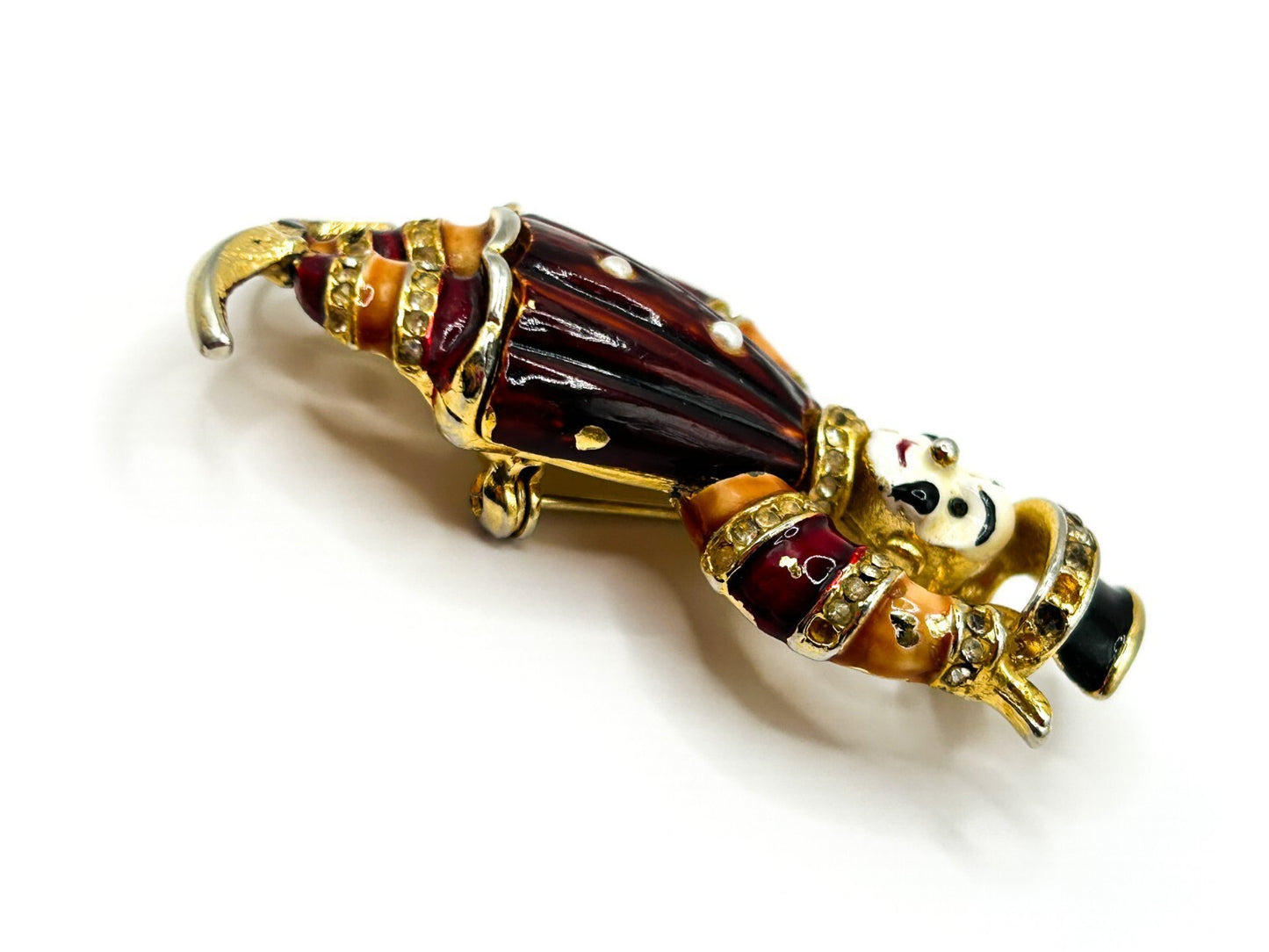 Vintage Enamel Jester Clown Brooch Rhinestone Figural Gold Tone 5.5cm