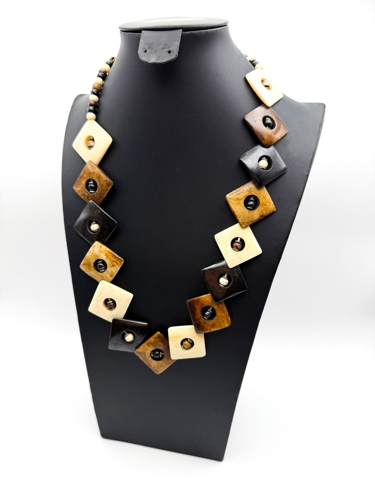 Vintage Organic Material Brown & Cream Inlaid Square Beaded Statement Necklace