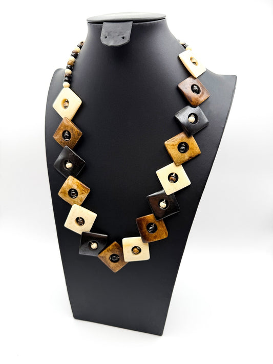 Vintage Organic Material Brown & Cream Inlaid Square Beaded Statement Necklace