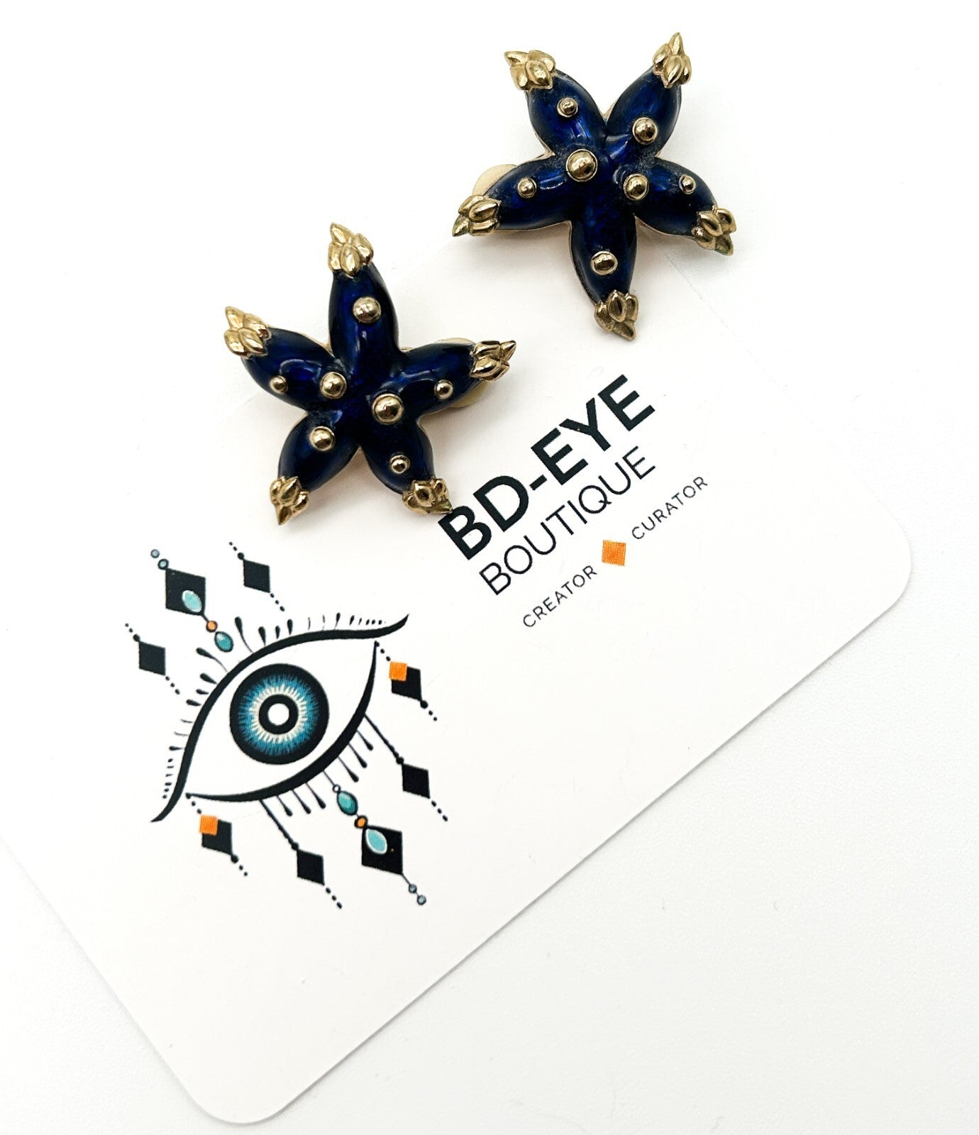 Vintage Gold Tone Cobalt Blue Enamel Starfish Earrings Clip On Retro Coastal