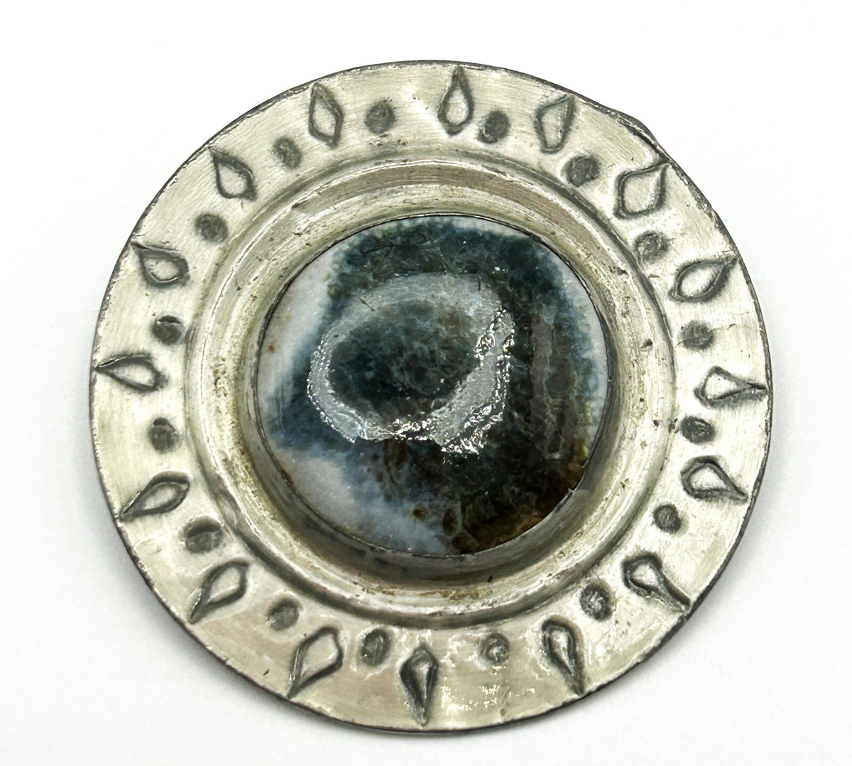 Carol Black Brooch Ceramic Centre Silver Tone Round Artisan Pin