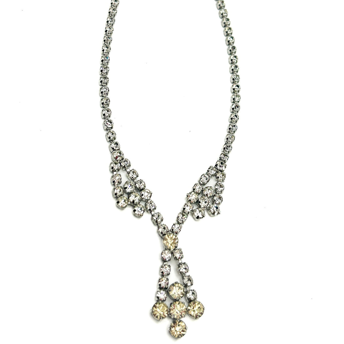 Vintage Prong-set Glass Rhinestone Y Necklace - Pendant Drop and Collar-style