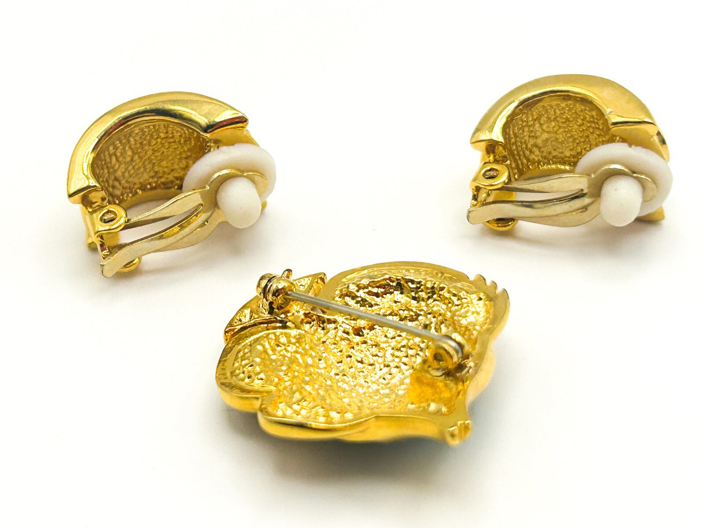 Vintage Cabouchon Angel Fish Brooch & Earrings Set Green Enamel Rhinestone NOC