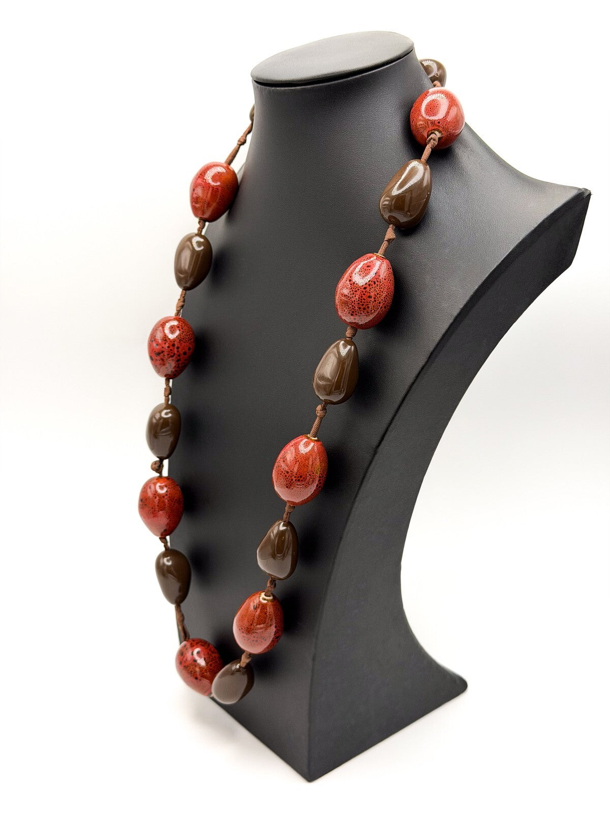 Chunky Red Ceramic & Brown Acrylic Long Statement Necklace – Heavy Cord Knotted