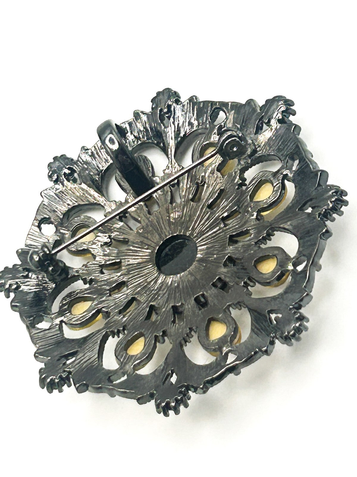 Ornate Gunmetal Floral Rhinestone Vintage Brooch with Lemon Cabochons – 6cm