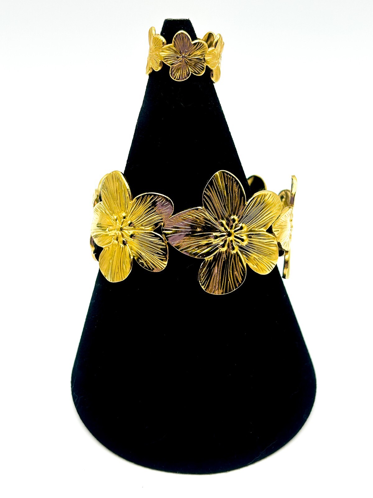 Gold Tone Flower Bangle Bracelet and Ring Set Adjustable Floral Statement Jewell