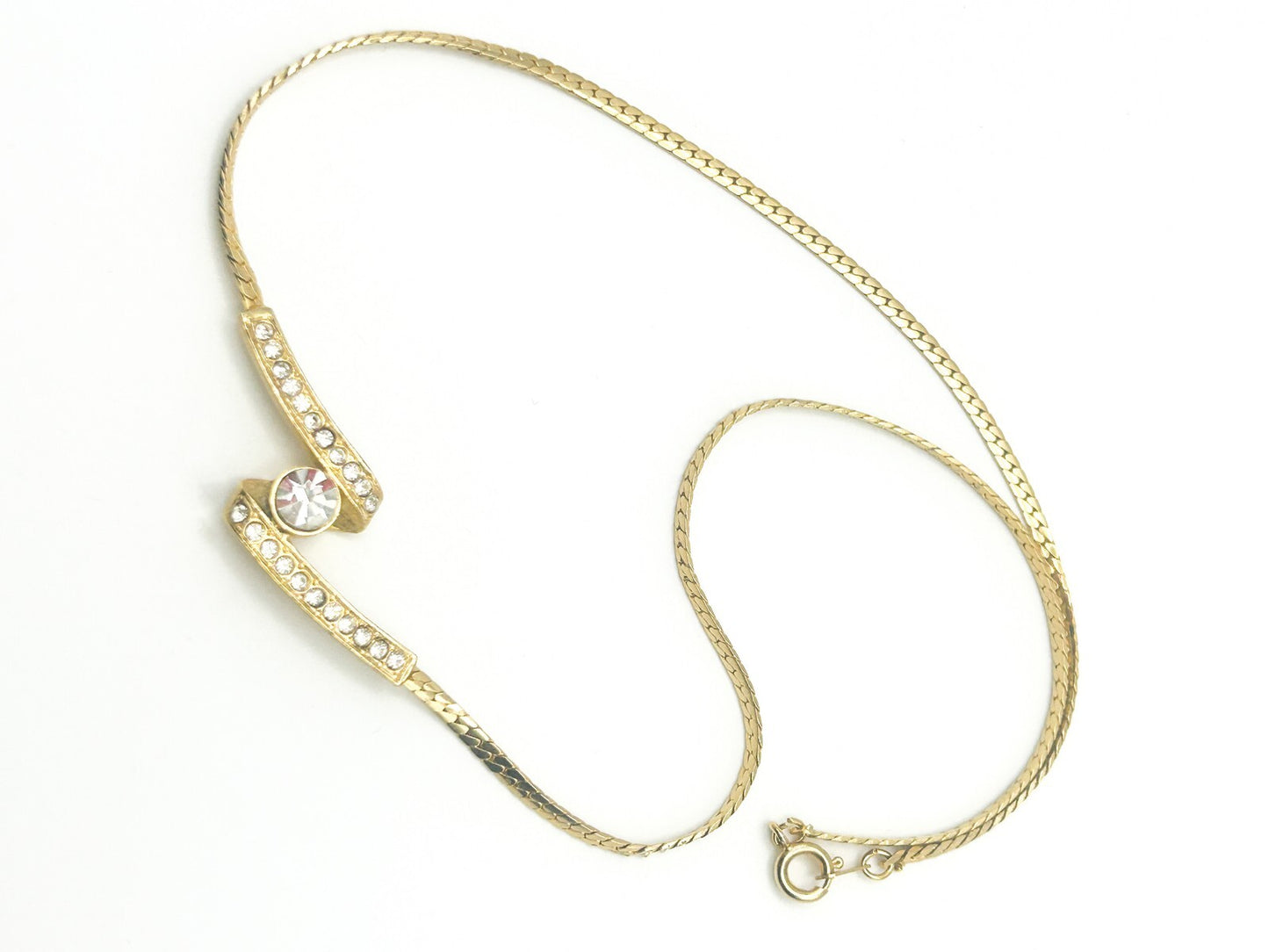 Vintage Gold Tone Zigzag Rhinestone Ribbon Swirl Necklace Dainty 80s
